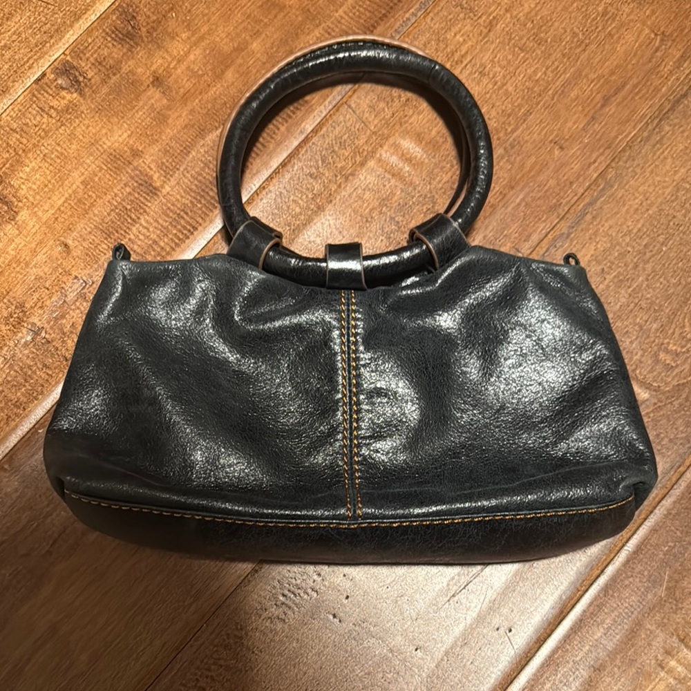 Black Leather Ring-Handle Shoulder Bag